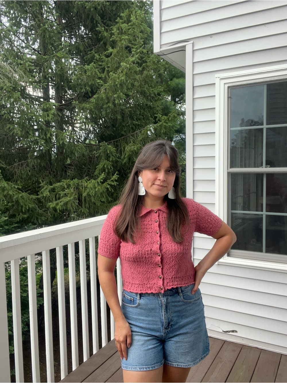 Women's Pink Knit Button-Front Short Sleeve Top